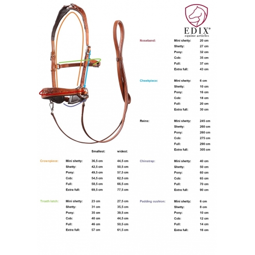 size guide for Edix ED2 rose sidepull bitless bridle